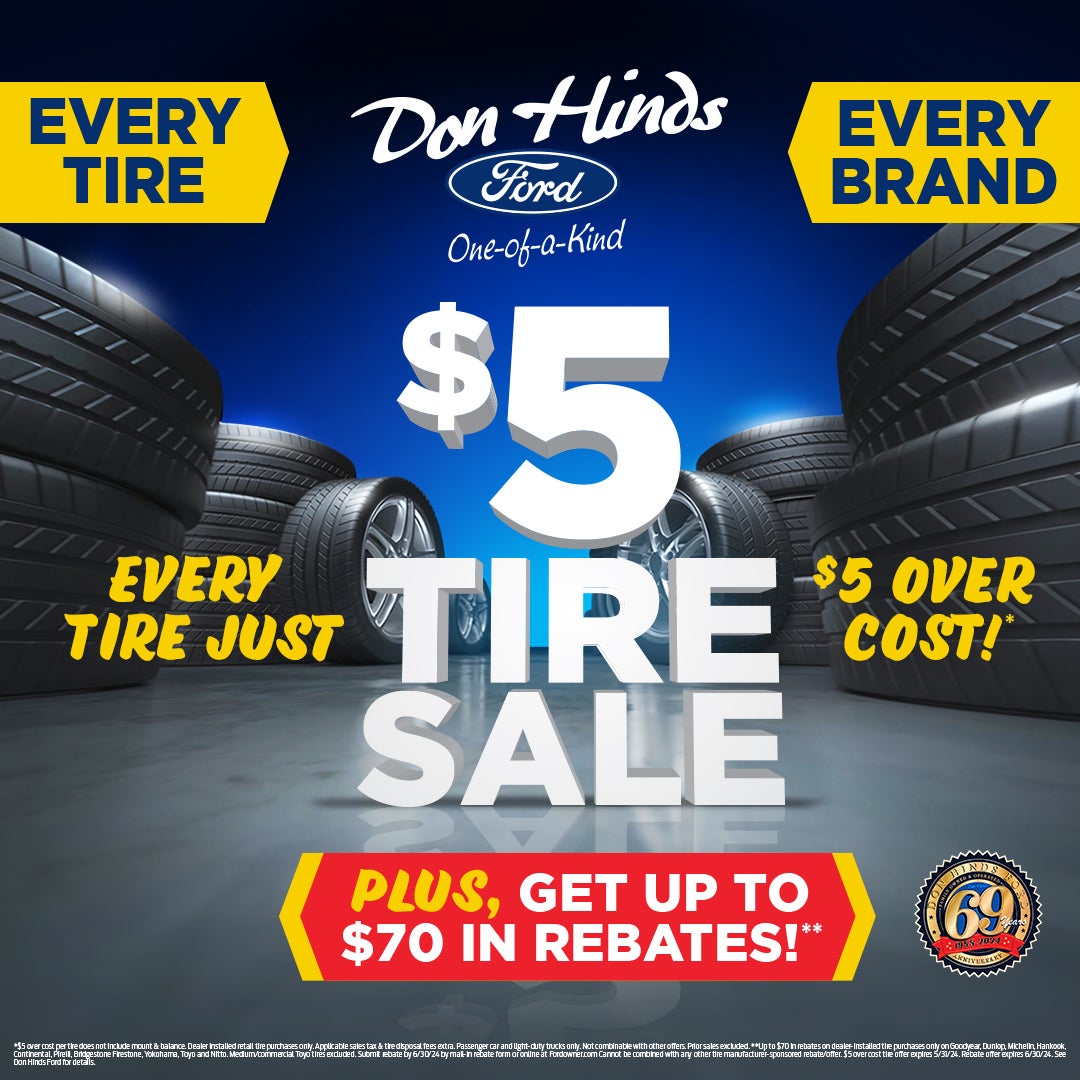 Don Hinds Ford blue and gold $5 tire sale ad for May 2024
