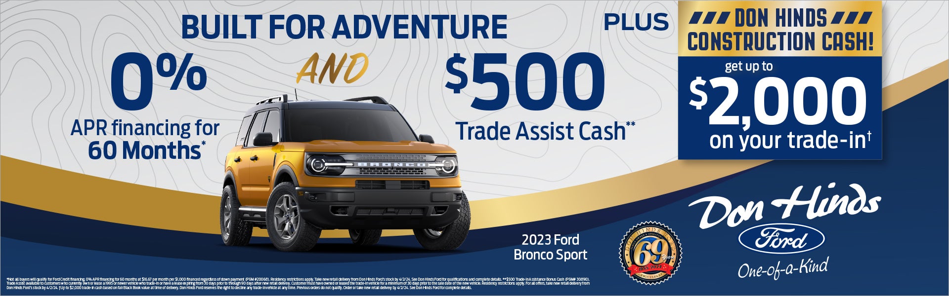 Don Hinds Ford blue & gold Bronco Sport banner ad