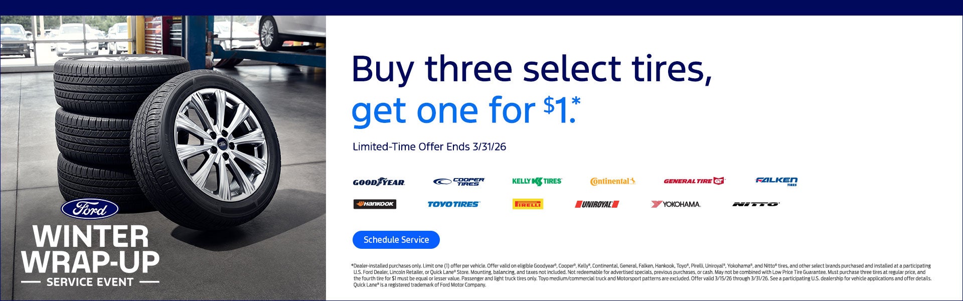 Buy three select tires, get one for $1*